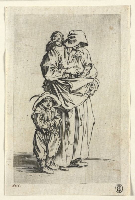 The Beggars: A Mother and Her Three Children , c. 1623. Jacques Callot (French, 1592-1635). Etchings; paper: 15.3 x 10.2 cm (6 x 4 in.); plate: 13.7 x 8.7 cm (5 3/8 x 3 7/16 in.).