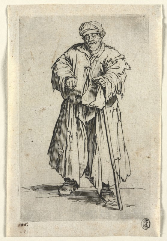 The Beggars: Obese Beggar with Lowered Eyes, c. 1623. Jacques Callot (French, 1592-1635). Etching; paper: 15.5 x 10.4 cm (6 1/8 x 4 1/8 in.); plate: 13.8 x 8.8 cm (5 7/16 x 3 7/16 in.)