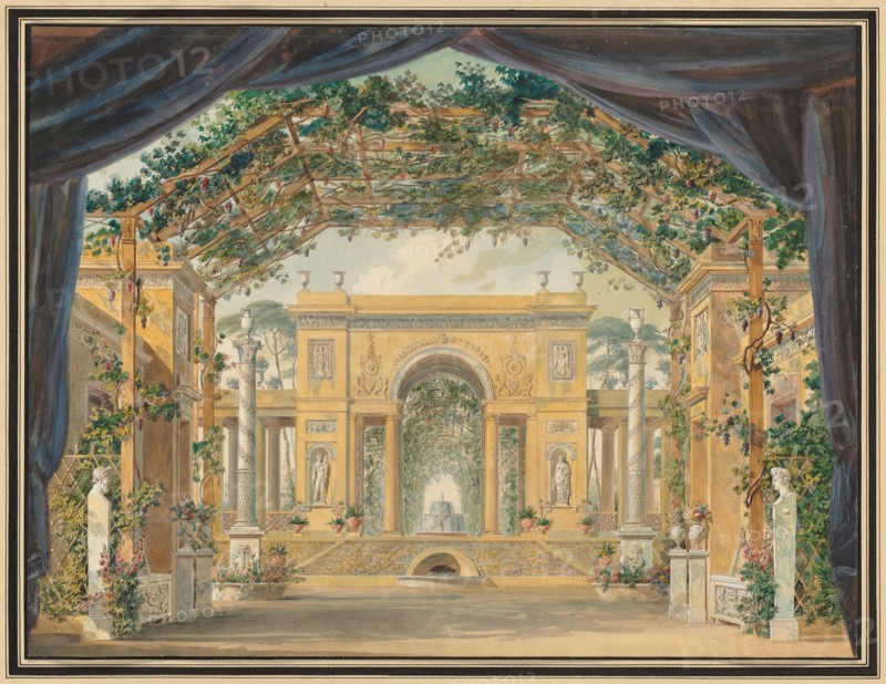 Decoration Executed for the Birthday of His Majesty the King of Westphalia, 1811. Pierre-Luc-Charles Cicéri (French, 1782-1868). Pen and black ink and watercolor with graphite; heightened with white gouache on off-white wove paper; sheet: 32 x 42.3 cm (12 5/8 x 16 5/8 in.); secondary support: 44 x 53.2 cm (17 5/16 x 20 15/16 in.).