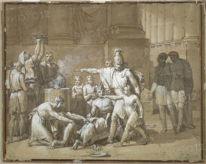 Hannibal Swearing Eternal Enmity toward Rome, c. 1808. France, 19th century. Pen and black and brown ink, brush and brown and gray wash, and white paint over graphite; sheet: 34.4 x 42.9 cm (13 9/16 x 16 7/8 in.).