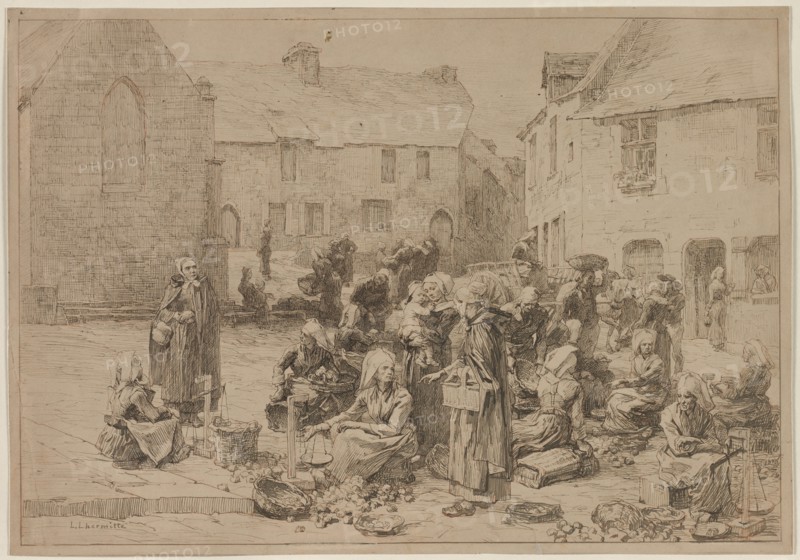 The Apple Market at Landerneau, 1878. Léon Augustin Lhermitte (French, 1844-1925). Pen and brown ink over tracing in red chalk; sheet: 27.2 x 38.9 cm (10 11/16 x 15 5/16 in.); image: 26.6 x 27.7 cm (10 1/2 x 10 7/8 in.).