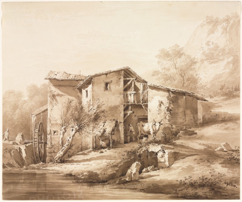 Landscape with Watermill, c, 1790. Jean Jacques de Boissieu (French, 1736-1810). Brown ink wash and point of brush with graphite underdrawing on cream wove paper; overall: 20.3 x 24.1 cm (8 x 9 1/2 in.).