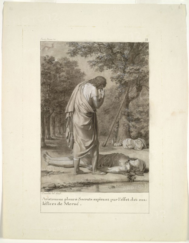 Aristomenes Mourning the Death of Socrates from the Bewitchment of Meroë (from Book 1 of Apuleius, "The Golden Ass"), 1795. Antoine-Denis Chaudet (French, 1763-1810). Brush and black and gray wash, heightened with white gouache, over graphite; sheet: 27.9 x 21.3 cm (11 x 8 3/8 in.); image: 19.8 x 10.3 cm (7 13/16 x 4 1/16 in.).