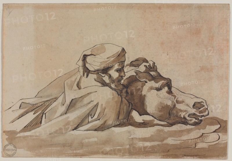 Man Clutching a Horse in Water, after Poussin's "Deluge" (recto), c. 1816. Théodore Géricault (French, 1791-1824). Pen and brown ink and brush and brown wash over graphite; sheet: 18 x 26.2 cm (7 1/16 x 10 5/16 in.).