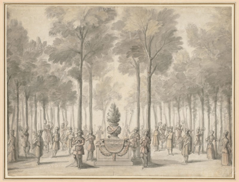 Design for the Divertissement from "La Pastorale" (First Entrée of the opera-ballet "Les Muses" by Danchet and Campra"), 1703. Jean I Bérain (French, 1640-1711). Pen and black ink and brush and gray wash with red, blue, and yellow wash, with graphite; sheet: 35.1 x 46.3 cm (13 13/16 x 18 1/4 in.).
