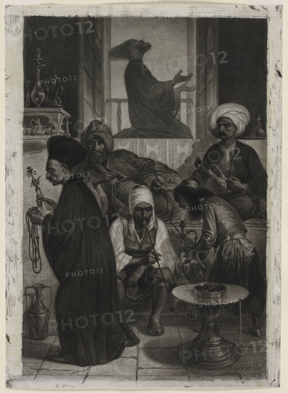 Café in Constantinople, 1847. Alexandre Bida (French, 1823-1895). Brush and black and gray ink, graphite, and stylus on white wove paper coated with a white ground; sheet: 40.7 x 29.2 cm (16 x 11 1/2 in.); image: 38.2 x 25.9 cm (15 1/16 x 10 3/16 in.).