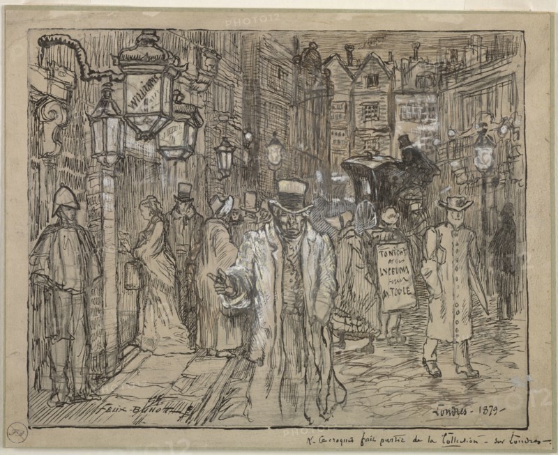 Street Scene in London, 1879. Félix Hilaire Buhot (French, 1847-1898). Pen and black and brown ink, black crayon and graphite, heightened with white and yellow gouache; sheet: 19.5 x 24.4 cm (7 11/16 x 9 5/8 in.).