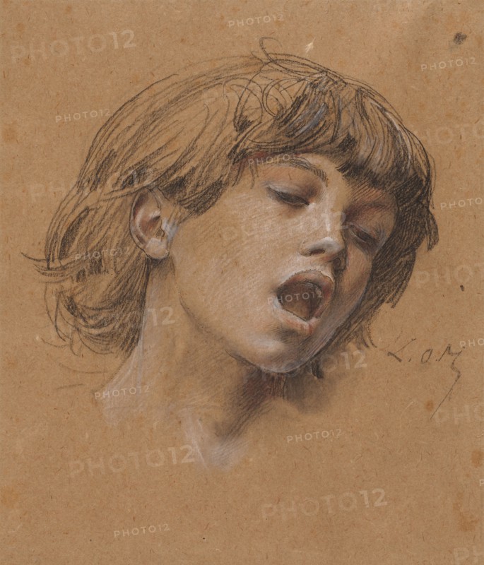 Head of a Boy Singing (Study for Music), c. 1898. Luc-Olivier Merson (French, 1846-1920). Black, white, and red chalk with stumping, pricked for transfer; sheet: 39.6 x 27.2 cm (15 9/16 x 10 11/16 in.).
