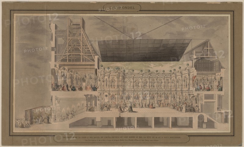 Cross Section of the Hôtel de Ville Seen in Perspective Showing the Decoration and Illumination of the Courtyard and Rooms Created on the Occasion of the Ball Given the Night of August 30 and 31, 1739, 1739-1740. Jacques-François Blondel (French, 1705-1744). Pen and black ink, brush and gray wash, and watercolor with gouache, over graphite; sheet: 42.9 x 69.5 cm (16 7/8 x 27 3/8 in.); secondary support: 53.9 x 89.6 cm (21 1/4 x 35 1/4 in.).