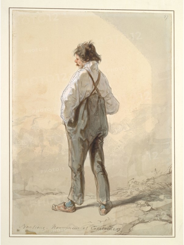 The Suburbs: Stock Raiser and Captain, probably 1859-1860. Paul Gavarni (French, 1804-1866). Watercolor (mixed with white gouache in places) and brown ink over graphite, heightened with white gouache; sheet: 29.4 x 21 cm (11 9/16 x 8 1/4 in.); secondary support: 38 x 29.4 cm (14 15/16 x 11 9/16 in.).