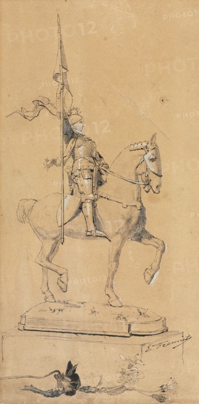 Joan of Arc on Horseback, c. 1889-1899. Emmanuel Fremiet (French, 1824-1910). Pen and black ink, ink wash and white heightening; sheet: 35 x 20.2 cm (13 3/4 x 7 15/16 in.).