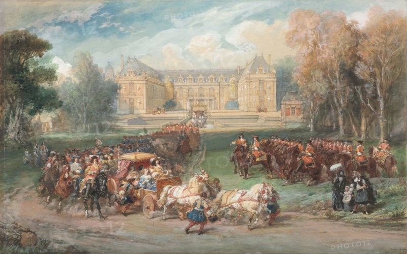 Louis XIV Driving his Coach in the Park of Versailles, 1870. Eugène Louis Lami (French, 1800-1890). Watercolor and gouache with graphite underdrawing; sheet: 33.7 x 53.6 cm (13 1/4 x 21 1/8 in.).