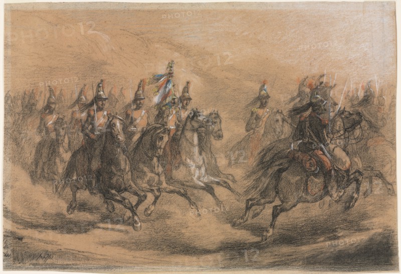 Cavalry Charge, c. 1840. Auguste Raffet (French, 1804-1860). Black, red, yellow, blue and white chalk; sheet: 28.2 x 41.7 cm (11 1/8 x 16 7/16 in.).