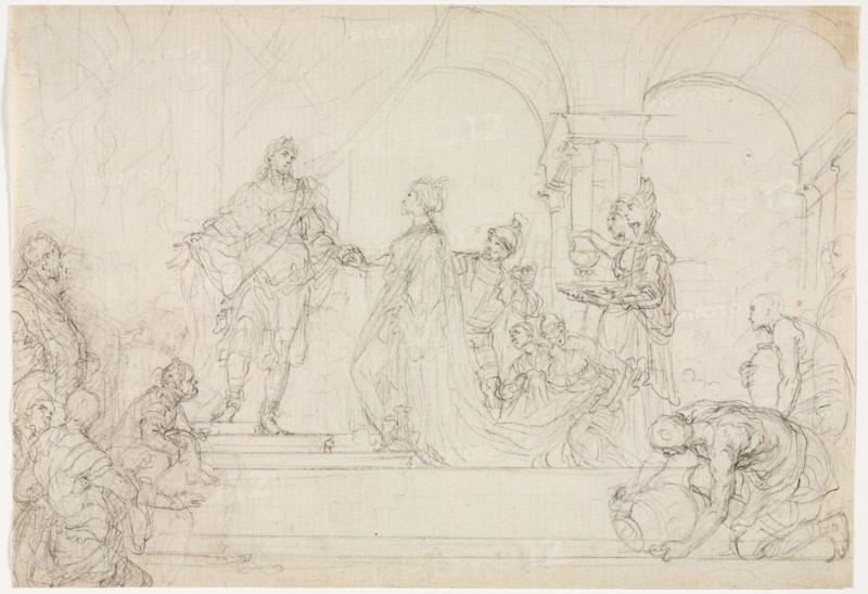 Meeting of Solomon and Queen of Sheba. Francesco Solimena (Italian, 1657-1747). Black chalk; sheet: 18.9 x 27.4 cm (7 7/16 x 10 13/16 in.).