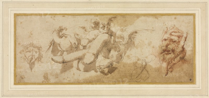 Sheet of Satirical Studies (Amorini Riding Phalli), c. 1650s. Salvator Rosa (Italian, 1615-1673). Pen and brown ink, wash, and red chalk