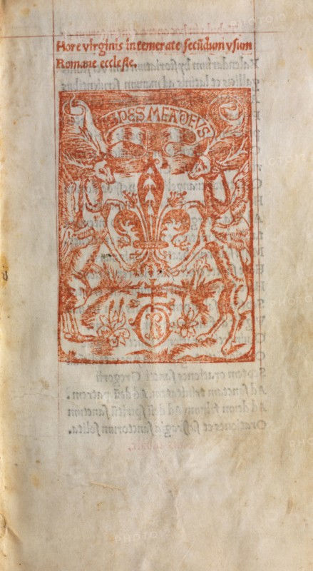 Printed Book of Hours (Use of Rome): fol. 1r, Printers Mark, 1510. Guillaume Le Rouge (French, Paris, active 1493-1517). 112 Printed folios on parchment, bound