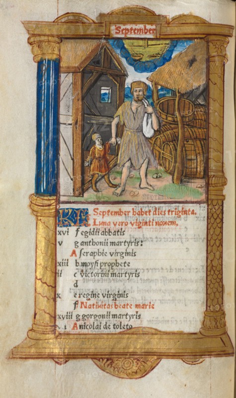 Printed Book of Hours (Use of Rome): fol. 10v, September calendar illustration, 1510. Guillaume Le Rouge (French, Paris, active 1493-1517). 112 Printed folios on parchment, bound