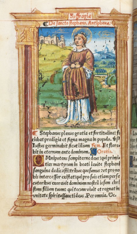 Printed Book of Hours (Use of Rome):  fol. 100v, St. Stephen, 1510. Guillaume Le Rouge (French, Paris, active 1493-1517). 112 Printed folios on parchment, bound
