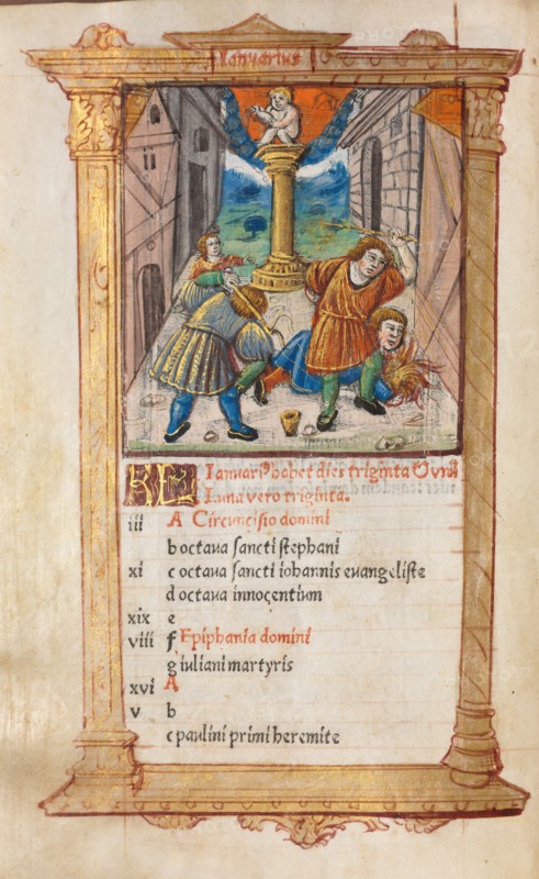 Printed Book of Hours (Use of Rome): fol. 2v, January calendar illustration, 1510. Guillaume Le Rouge (French, Paris, active 1493-1517). 112 Printed folios on parchment, bound