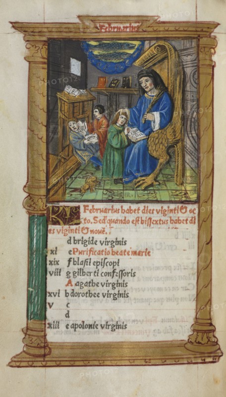 Printed Book of Hours (Use of Rome): fol. 3v, February calendar illustration, 1510. Guillaume Le Rouge (French, Paris, active 1493-1517). 112 Printed folios on parchment, bound