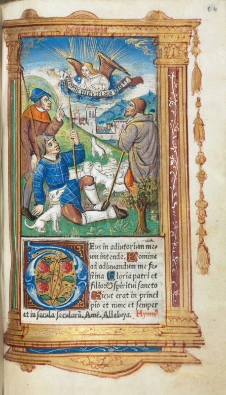 Printed Book of Hours (Use of Rome): fol. 36r, Annunciation to the Shepherds, 1510. Guillaume Le Rouge (French, Paris, active 1493-1517). 112 Printed folios on parchment, bound