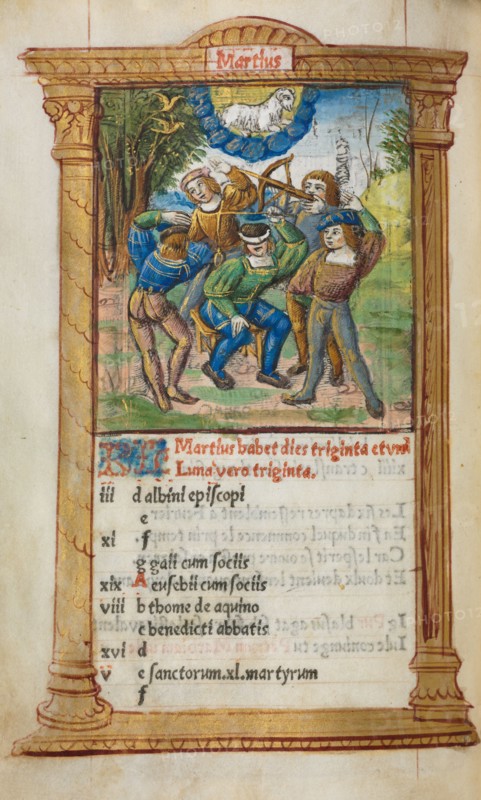 Printed Book of Hours (Use of Rome): fol. 4v, March calendar illustration, 1510. Guillaume Le Rouge (French, Paris, active 1493-1517). 112 Printed folios on parchment, bound