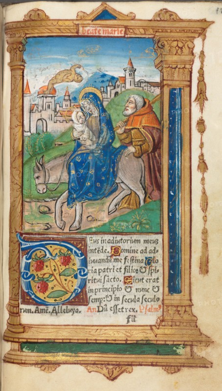 Printed Book of Hours (Use of Rome): fol. 42r, Flight into Egypt, 1510. Guillaume Le Rouge (French, Paris, active 1493-1517). 112 Printed folios on parchment, bound