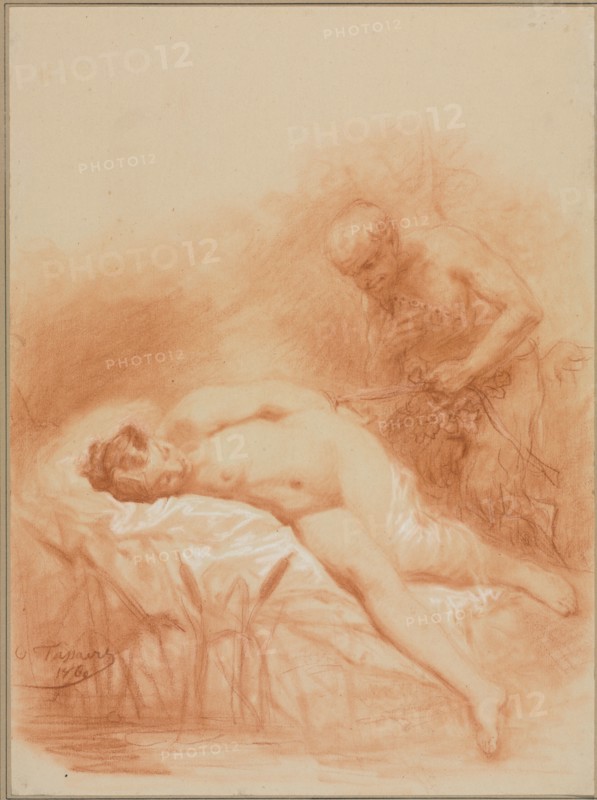 Nymphe et Faune, 1800s. Octave Tassaert (French, 1800-1874). Red chalk heightened with white chalk on off-white wove paper, pasted down.; sheet: 33.8 x 25.1 cm (13 5/16 x 9 7/8 in.).