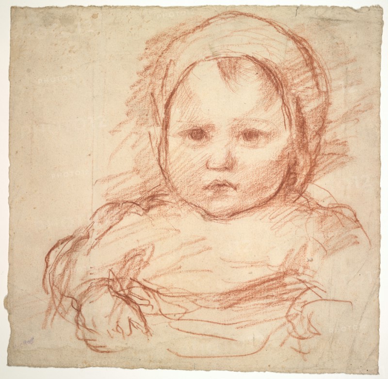 Portrait of an Infant, 1800s-1900s. Henri Cros (French, 1840-1907). Sanguine on off-white laid paper; sheet: 27.7 x 28.6 cm (10 7/8 x 11 1/4 in.).