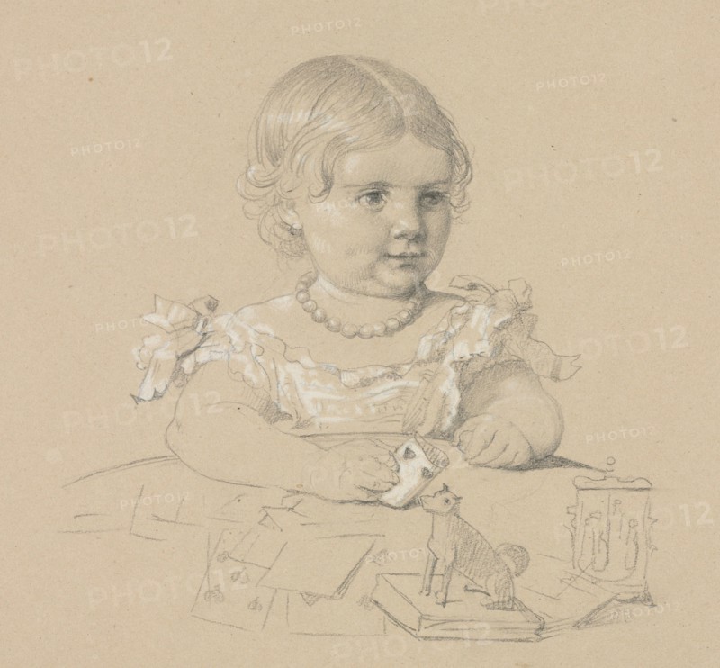 Portrait of a Child, 1800s. Henri Lehmann (French, 1814-1882). Graphite with white heightening on tan wove paper pasted down on cream wove paper - a page from an album; sheet: 20.8 x 24.6 cm (8 3/16 x 9 11/16 in.).