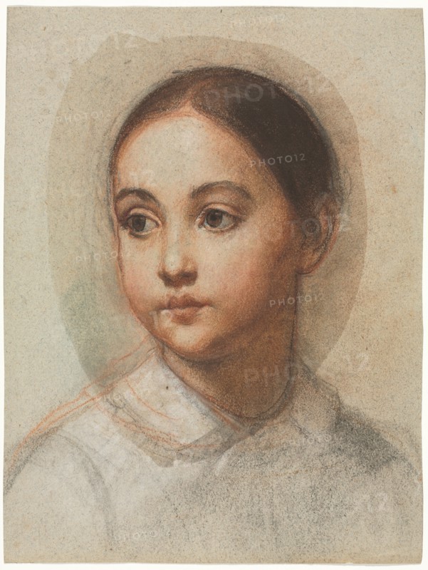 Head of a Young Girl, c. 1857. Alexandre Hesse (French, 1806-1879). Black chalk, sanguine, brown wash with white chalk heightening on coarse gray paper; sheet: 34.9 x 26.4 cm (13 3/4 x 10 3/8 in.).
