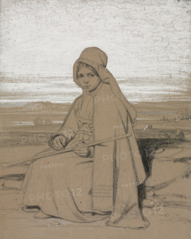 A Seated Shepherdess, 1800s. Jules Dupré (French, 1811-1889). Black chalk with white heightening and white pastel on brown paper laid down on board; sheet: 61.1 x 47.6 cm (24 1/16 x 18 3/4 in.).