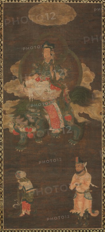 Shakyamuni Triad: Buddha Attended by Manjushri and Samantabhadra (Bodhisattva with Lion), late 1300s. China, Fuzhou, Fujian Province, Yuan dynasty (1271-1368). Hanging scroll, ink and color on silk; painting: 107 x 46.5 cm (42 1/8 x 18 5/16 in.); overall: 192 x 62.5 cm (75 9/16 x 24 5/8 in.).