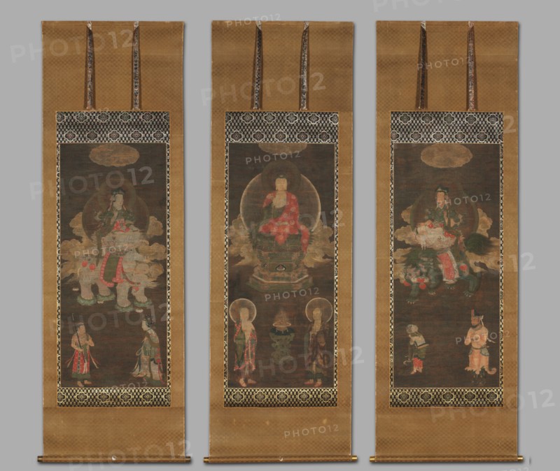 Shakyamuni Triad: Buddha Attended by Manjushri and Samantabhadra, late 1300s. China, Fuzhou, Fujian Province, Yuan dynasty (1271-1368). Set of three hanging scrolls, ink and color on silk; overall: 106.9 x 46.4 cm (42 1/16 x 18 1/4 in.).