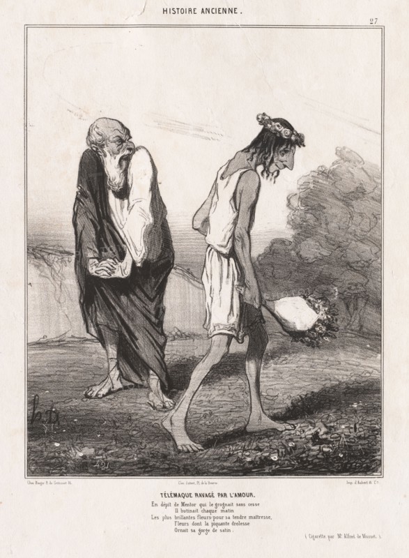 Ancient History : Pl. 27, Telemachus Ravaged by Love (Histoire Ancienne: Pl. 27, Télémaque ravagé par l'amour), 1842. Honoré Daumier (French, 1808-1879). Lithograph; sheet: 34.1 x 24.7 cm (13 7/16 x 9 3/4 in.); image: 25.1 x 19.8 cm (9 7/8 x 7 13/16 in.)