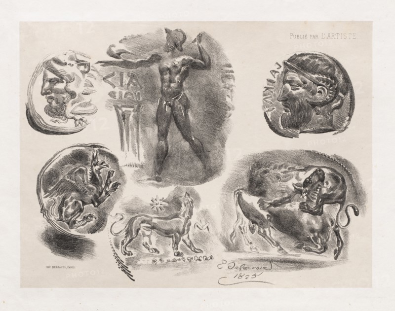 Sheet of Six Antique Coins, 1825. Eugène Delacroix (French, 1798-1863), Published by the artist (September 15, 1865 issue). Lithograph with tint stone; sheet: 27.3 x 36 cm (10 3/4 x 14 3/16 in.); image: 19.2 x 25.3 cm (7 9/16 x 9 15/16 in.)