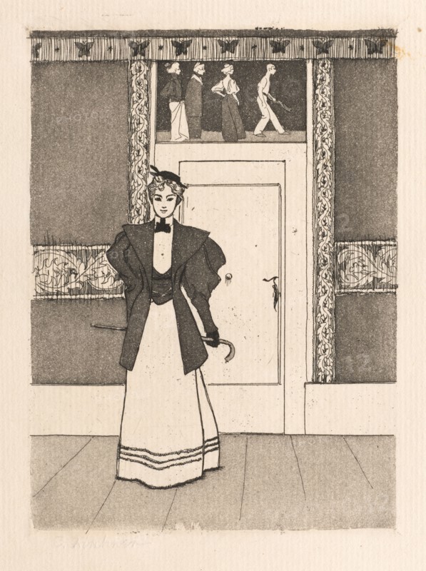 Interior with Young Woman in Walking Costume, 1895. Eugen Kirchner (German, 1865-1938). Etching and aquatint; sheet: 26.7 x 21.6 cm (10 1/2 x 8 1/2 in.); platemark: 13 x 9.4 cm (5 1/8 x 3 11/16 in.).