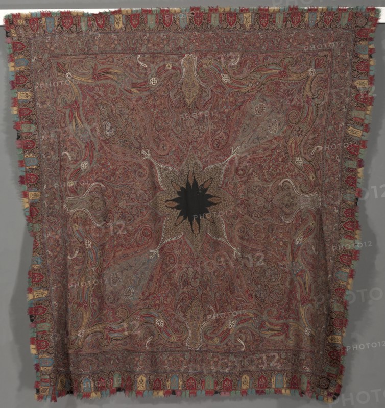 Squre Pieced Shawl with Vase Corners, 1867-1875. India, Kashmir, 19th century. 2/2 twill tapestry (S), double interlocked, pieced; wool; overall: 195.6 x 185.4 cm (77 x 73 in.).
