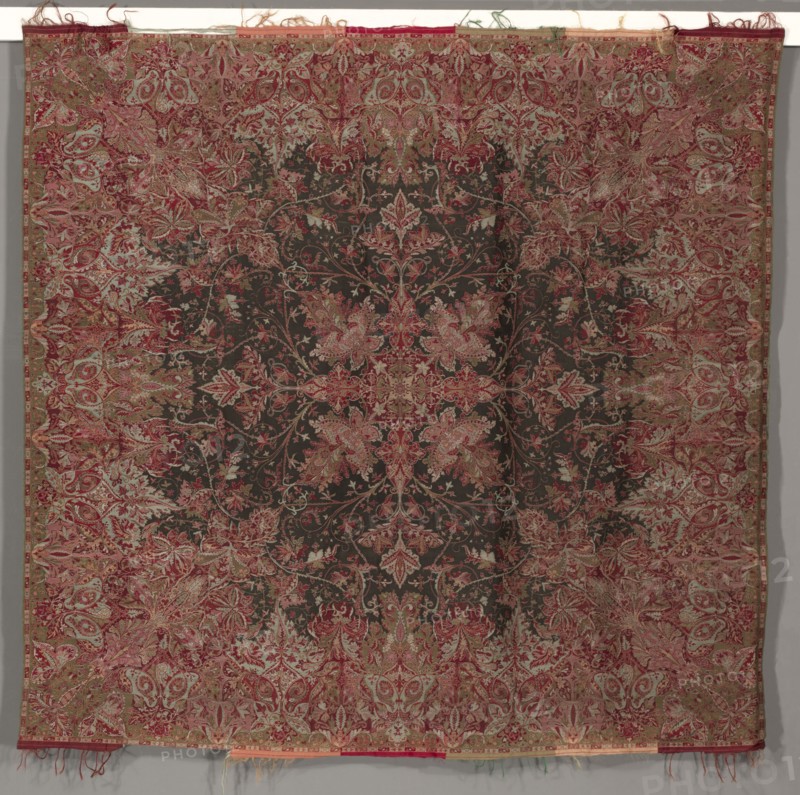 Square Shawl with Quarter Shawl Layout, 1840s. Austria, England, France, or Scotland, 19th century. Supplementary weft pattern; silk & wool?; overall: 185.4 x 181.6 cm (73 x 71 1/2 in.)