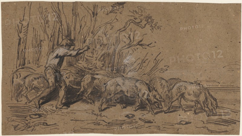 The Truffle Gatherers, c. 1849. Charles-Émile Jacque (French, 1813-1894). Brown ink heightened with black and white chalk; sheet: 15.1 x 27.3 cm (5 15/16 x 10 3/4 in.).