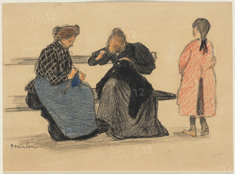 Three Figures, 1900s. Théophile Alexandre Steinlen (Swiss, 1859-1923). Black and colored crayons; sheet: 19.6 x 26.8 cm (7 11/16 x 10 9/16 in.).