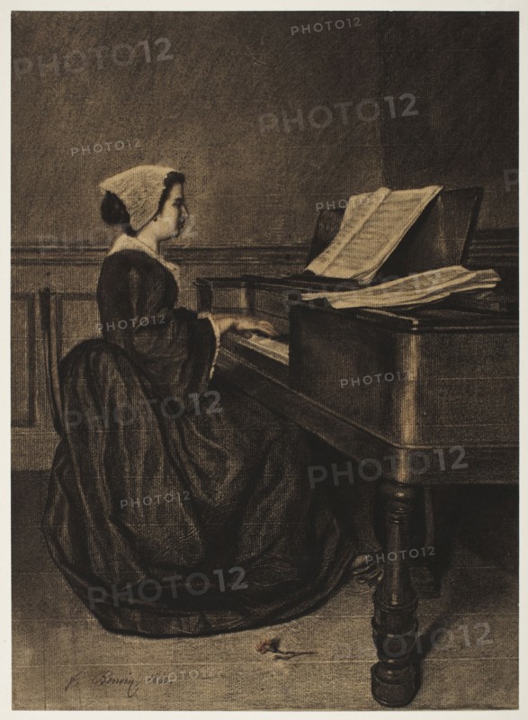 Woman at the Spinet, 1860. François Bonvin (French, 1817-1887). Fabricated black chalk with touches of brown and red chalk and stumping ; sheet: 42 x 30.5 cm (16 9/16 x 12 in.).