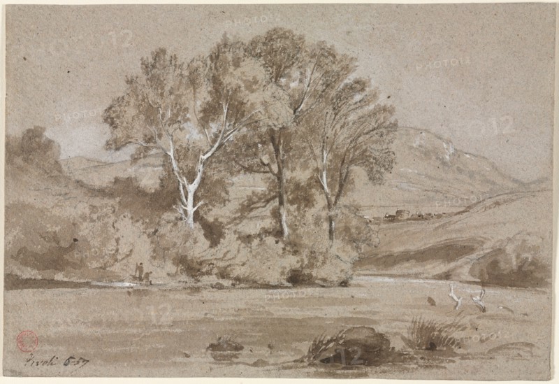 View Near Tivoli (Vue prise à Tivoli), 1857. Jean Achille Benouville (French, 1815-1891). Brown wash (with point of brush work) with gray wash and graphite, heightened with white (paint/gouache); sheet: 18.7 x 27.4 cm (7 3/8 x 10 13/16 in.).