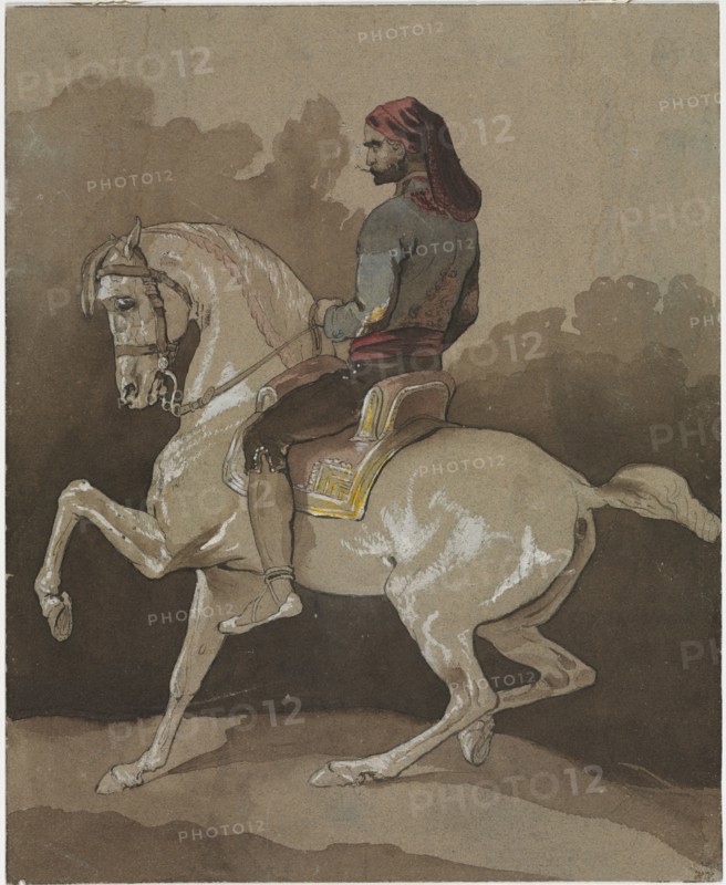 Arab on Horseback, 1800s. Horace Vernet (French, 1789-1863). Pen and brown ink and watercolor heightened with white gouache; sheet: 39.1 x 31.9 cm (15 3/8 x 12 9/16 in.).