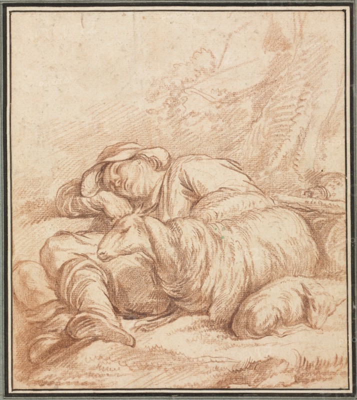A Sleeping Shepherd, 1700s-1800s. Pierre Alexandre Wille (French, 1748-1837). Red chalk on laid paper; sheet: 24.1 x 21.4 cm (9 1/2 x 8 7/16 in.).