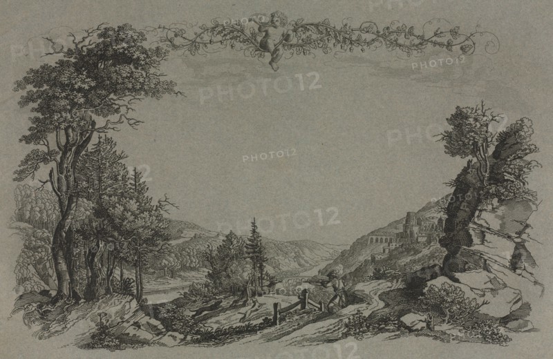Six Views of Heidelberg Castle: Cover, Hunting Scene , 1820. Ernst Fries (German, 1801-1833). Etched and engraved grey-blue wove paper cover of bound group of 6 lithographs; cover: 38.5 x 50.1 x 0.2 cm (15 3/16 x 19 3/4 x 1/16 in.).