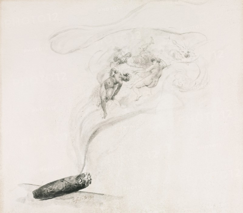 Dans la Fumé, 1800s. Jehan-Georges Vibert (French, 1840-1902). Gray wash with extensive point of brush work; sheet: 25.9 x 30.9 cm (10 3/16 x 12 3/16 in.).