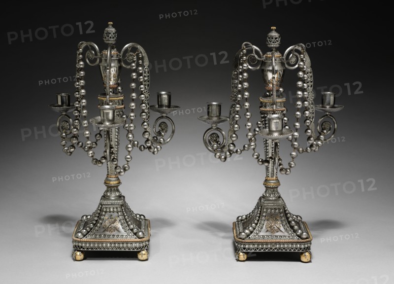 Pair of Candelabra, c. 1790-1795. Russia, Tula, Neo-classical, 18th century. Cut and polished steel with gold and silvered decoration; overall: 40.7 x 24.8 cm (16 x 9 3/4 in.)