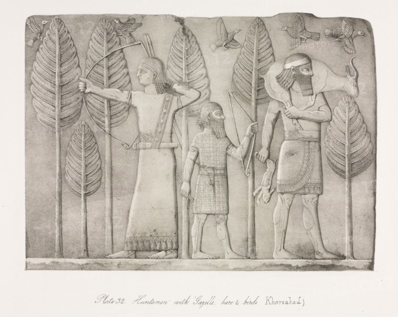 Monuments of Ninevah: Plate 32, Huntsmen with Gazelle, Hare and Birds (Khorsabad), 1853. Austen Henry Layard (British, 1817-1894). Lithograph in black and beige; sheet: 38.1 x 56.7 cm (15 x 22 5/16 in.); image: 24 x 32.3 cm (9 7/16 x 12 11/16 in.).