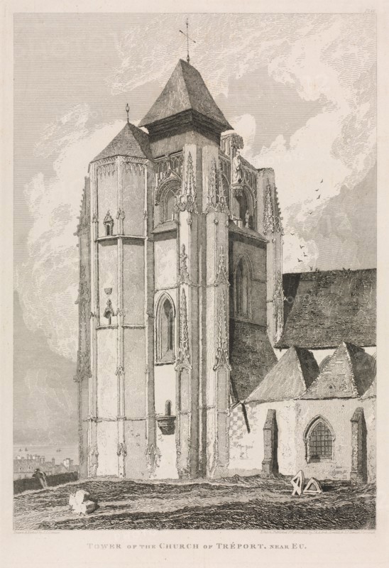 Architectural Antiquities of Normandy (Vol. II), Pl. 66:  Tower of the Church of Tréport, near Eu, 1821, published 1822. John Sell Cotman (British, 1782-1842), J & A Arch, Cornhill & J.S. Cotman, London 1821. Softground etching; sheet: 48.6 x 34 cm (19 1/8 x 13 3/8 in.); platemark: 33.2 x 22.8 cm (13 1/16 x 9 in.)